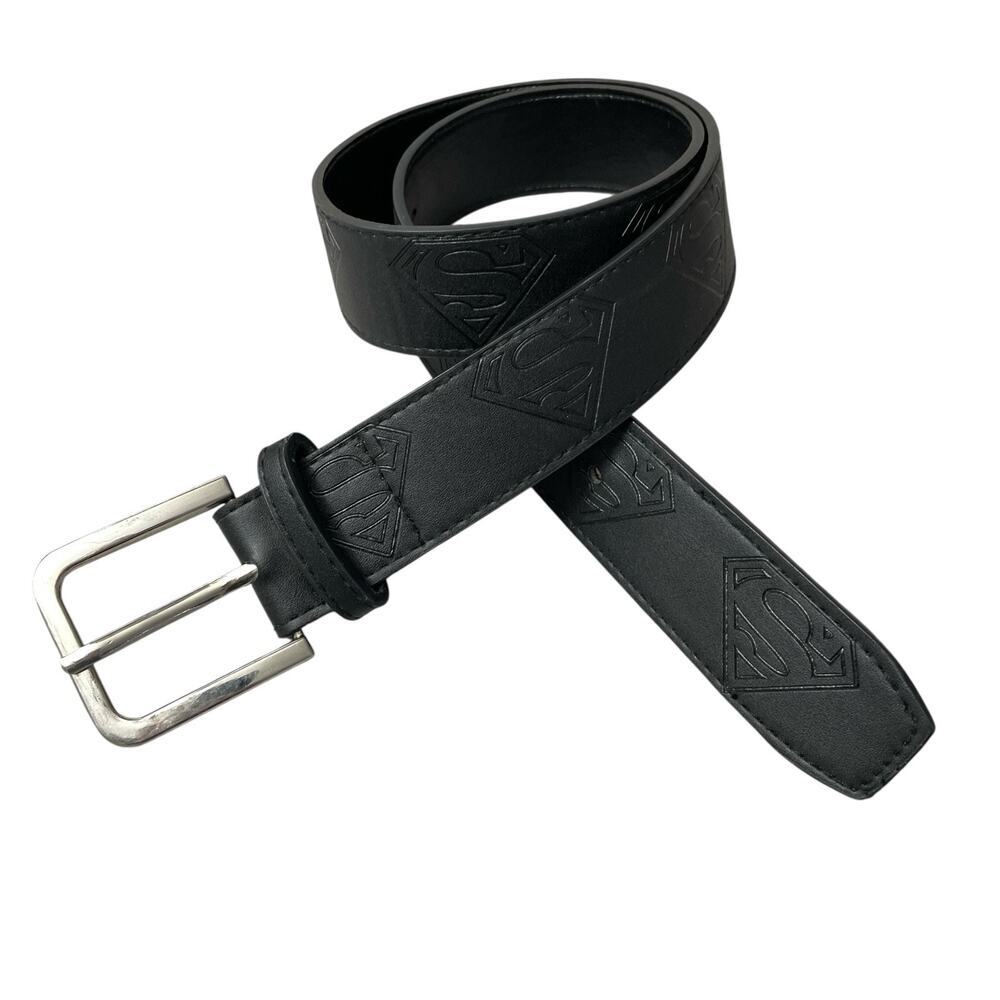 Buckle Down Superman Belt Mens 30 Black Silver Vegan Leather Silver Buckle Logo